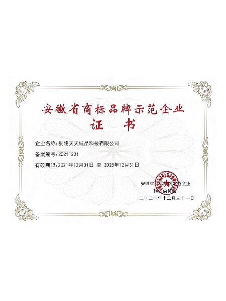 安徽省商標(biāo)品牌示范企業(yè)證書